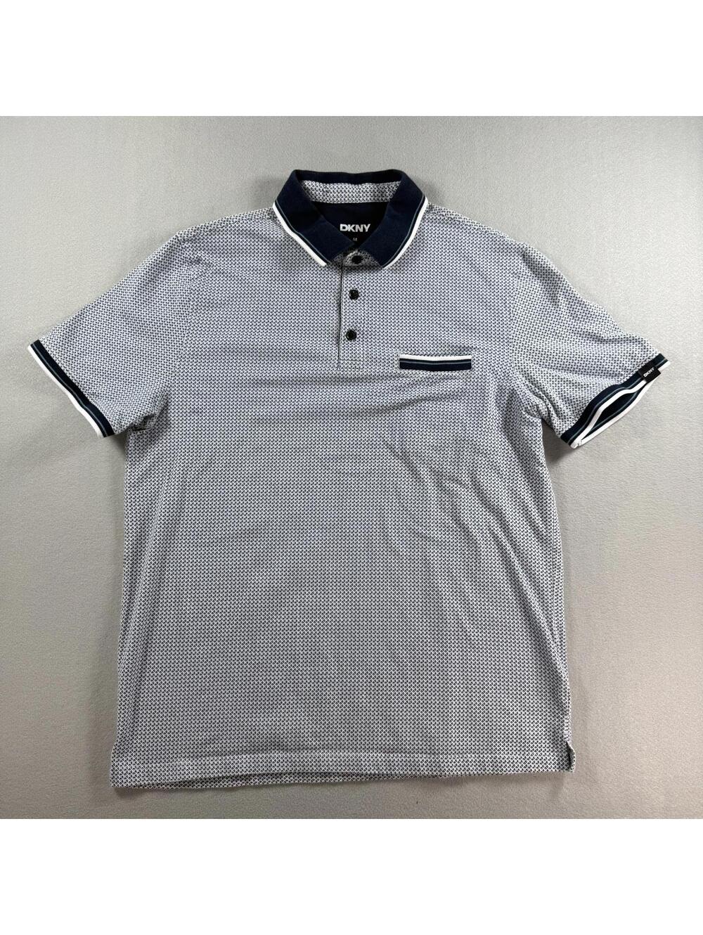 DKNY Men's Medium Geometric Navy Stripe Short Sleeve Polo